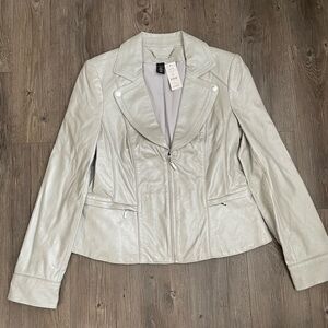 White House Black Market Pearlized Leather Jacket Silver Large